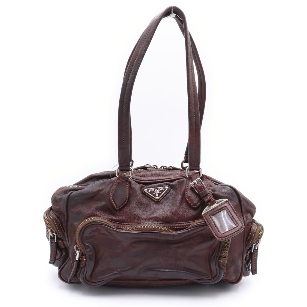 Prada Logo Triangle Plate Pocket Washed Leather Boston Bag Brown Silver