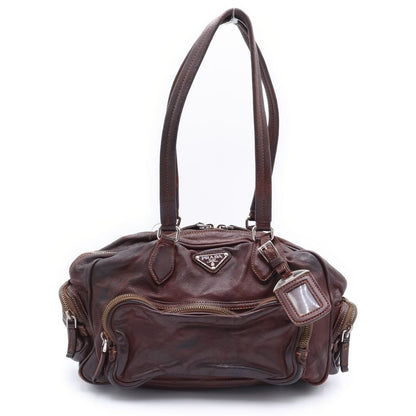 Prada Logo Triangle Plate Pocket Washed Leather Boston Bag Brown Silver