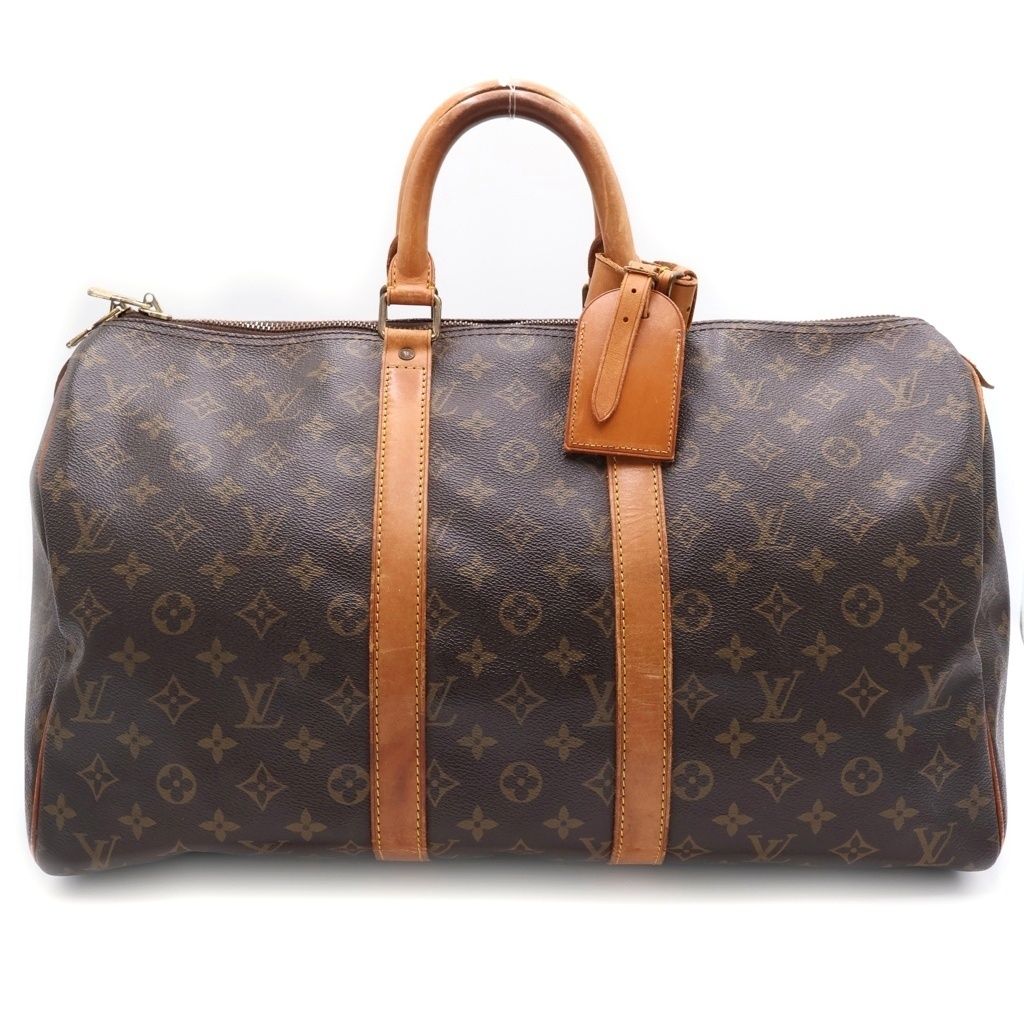 Louis Vuitton Keepall 45 Monogram Boston Bag Brown Leather Gold