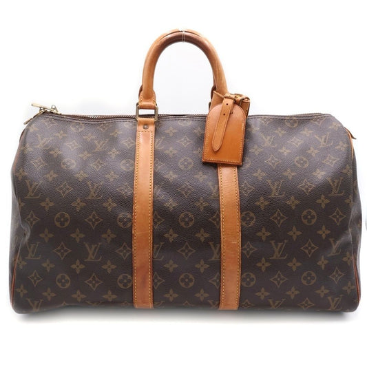 Louis Vuitton Keepall 45 Monogram Boston Bag Brown Leather Gold