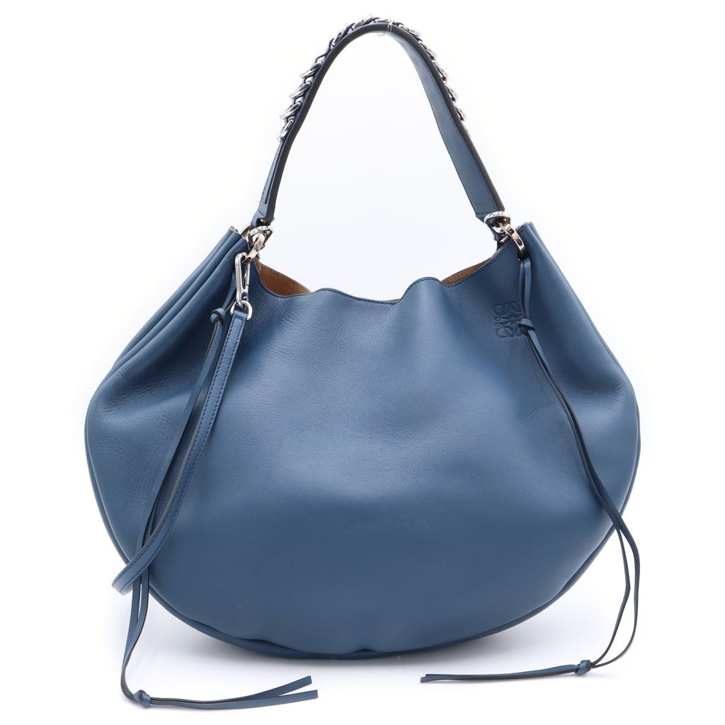 Loewe Fortune Hobo 2-Way Tote Shoulder Bag Blue Leather Silver