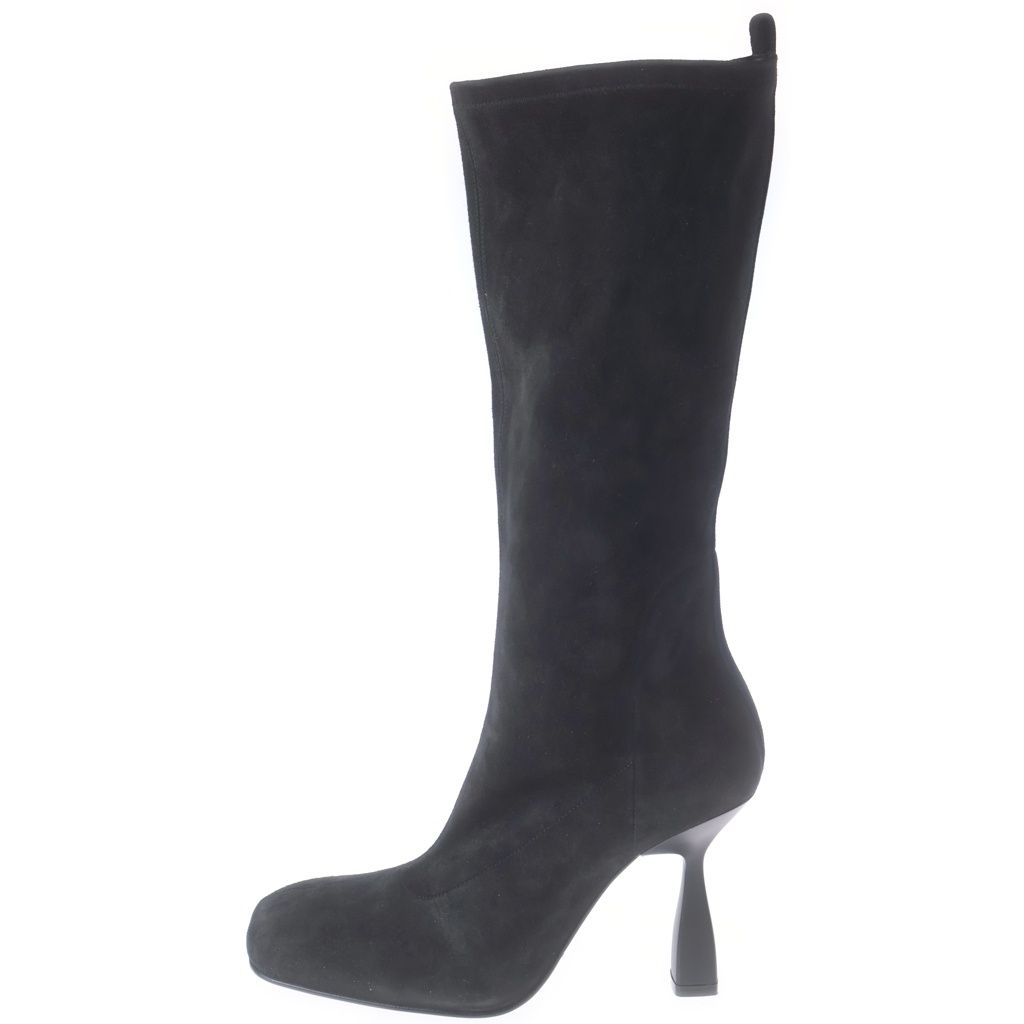 Hermes Halo Suede Leather Square Toe Side Zip Long Boots Shoes Black