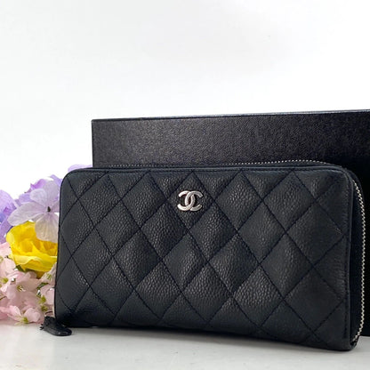 Chanel Wallet Quilted CC Logo Caviar Leather Black Zip Around Card