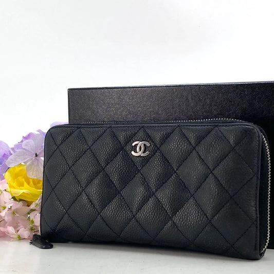 Chanel Wallet Quilted CC Logo Caviar Leather Black Zip Around Card