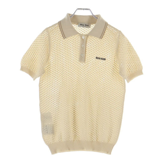 Miu Miu Logo Embroidery Crochet Knit Polo Shirt Beige