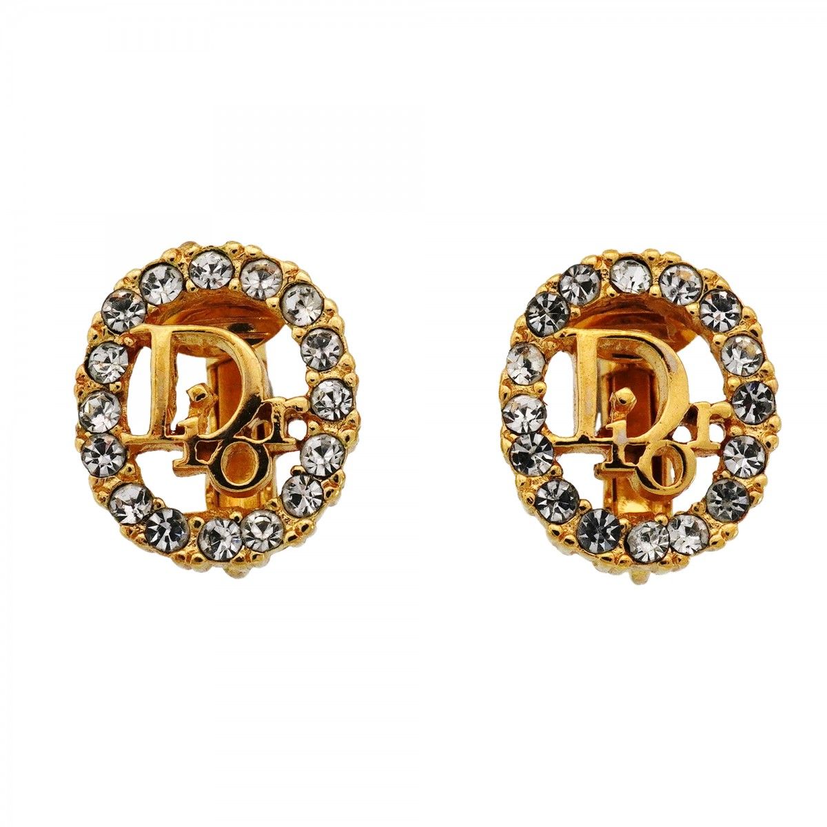 Dior Earrings Logo Oval Gold Plated Rhinestone