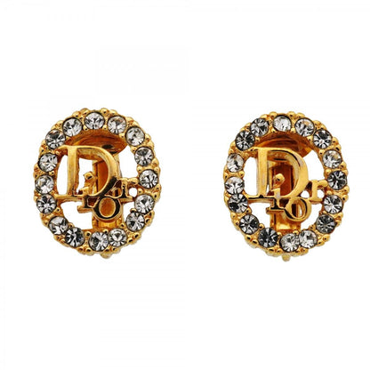 Dior Earrings Logo Oval Gold Plated Rhinestone