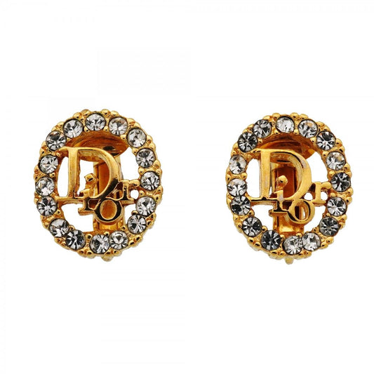 Dior Earrings Logo Oval Gold Plated Rhinestone