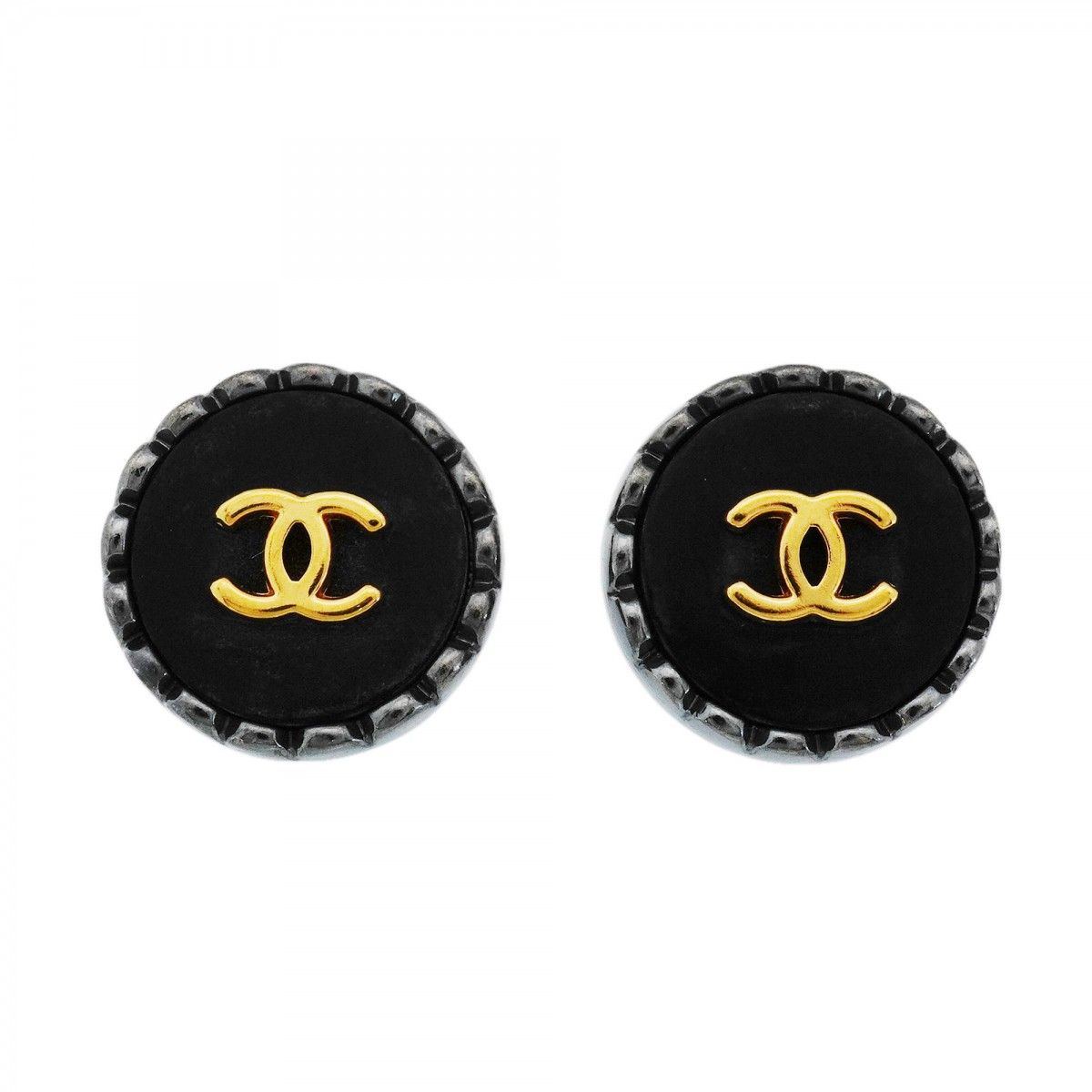 Chanel Earrings Vintage CC Logo Metal Gold Black Cles