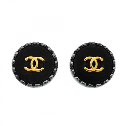 Chanel Earrings Vintage CC Logo Metal Gold Black Cles
