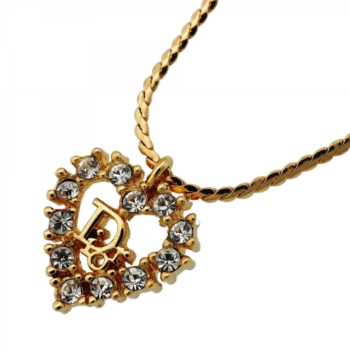 Dior Necklace Logo Heart Motif Gold Plated Rhinestone
