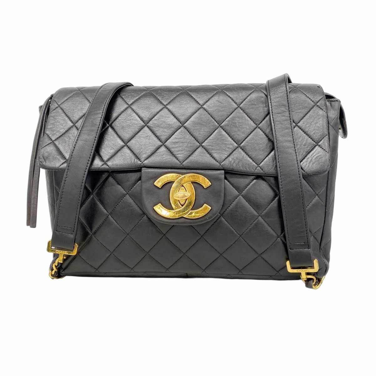 Chanel Backpack Quilted Jumbo CC Logo Lambskin Black Gold