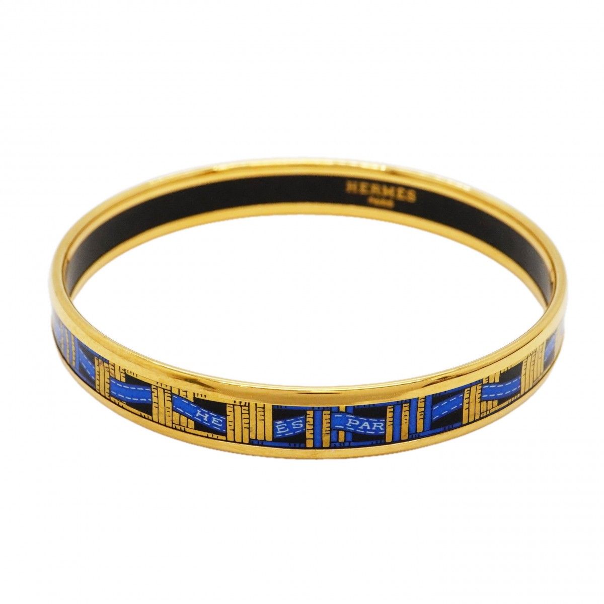 Hermes Bangle Enamel PM Gold Plated Cloisonne Blue Bracelet