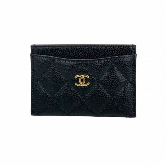 Chanel Card Case Quilted Caviar Leather Black Gold
