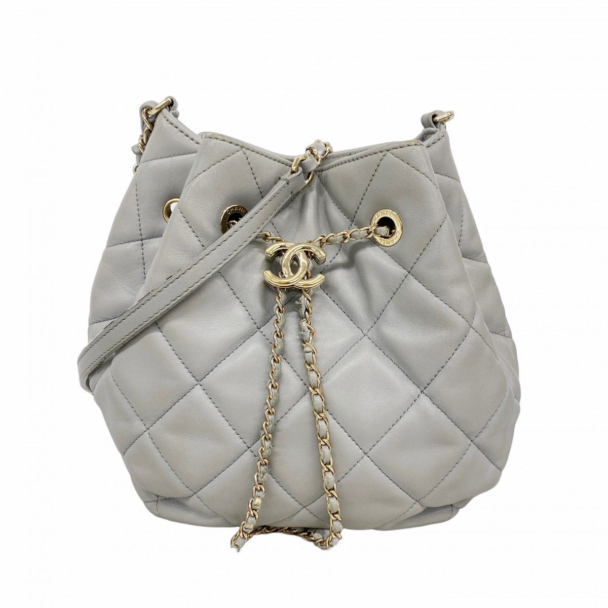 Chanel Shoulder Bag Quilted Lambskin Gray Champagne Gold