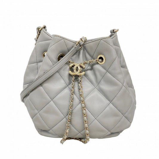 Chanel Shoulder Bag Quilted Lambskin Gray Champagne Gold