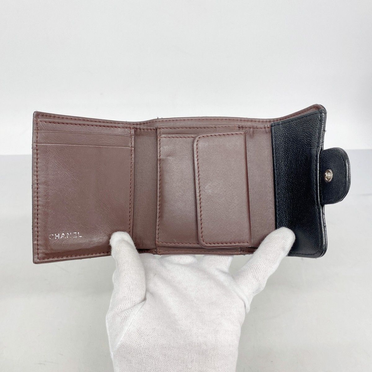 Chanel Trifold Wallet Quilted Caviar Leather Black Silver — view 3