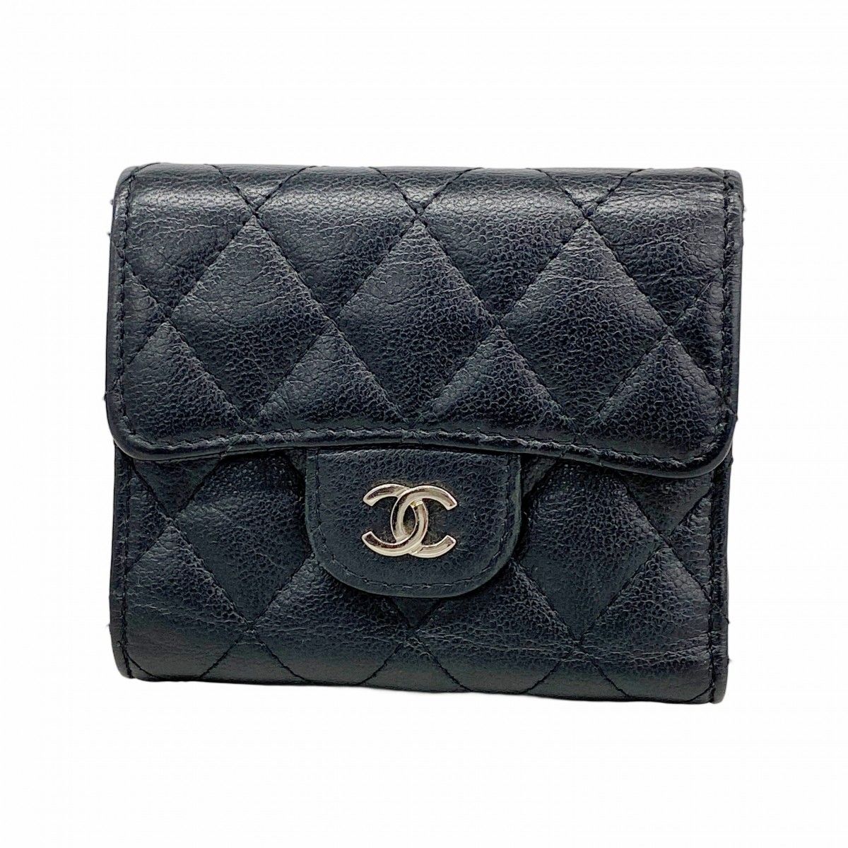 Chanel Trifold Wallet Quilted Caviar Leather Black Silver