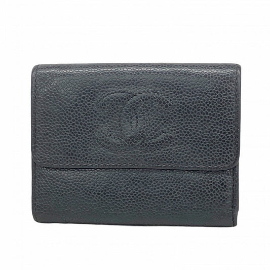 Chanel Trifold Wallet Caviar Leather Black Gold
