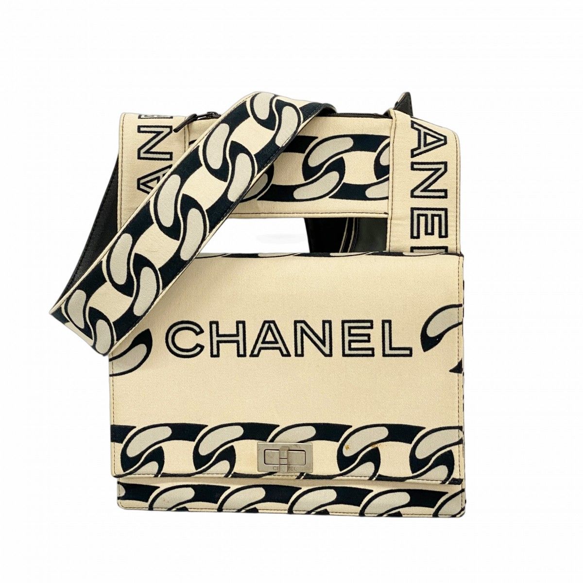 Chanel Shoulder Bag 2.55 Canvas Beige Black Silver