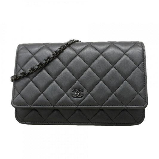 Chanel Shoulder Wallet Quilted Lambskin Black Cles
