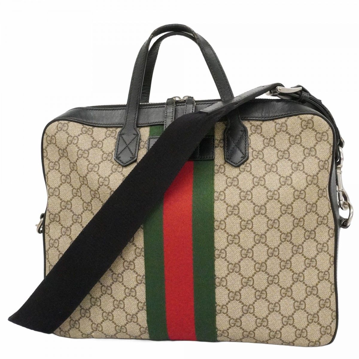 Gucci Business Bag GG Supreme Sherry Line Brown Black Silver 2-Way