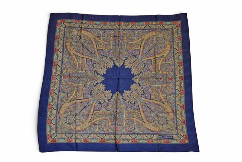 Saint Laurent YSL Scarf Vintage Paisley Print Navy Multi