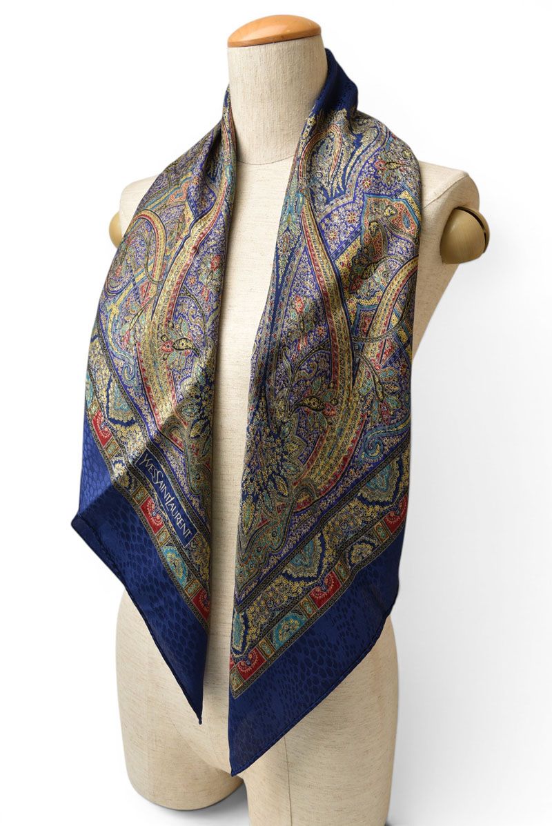 Saint Laurent YSL Scarf Vintage Paisley Print Navy Multi — view 5