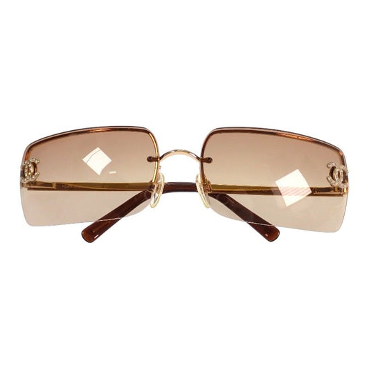 Chanel Half Frimless CC Logo Eyewear Sunglasses Rhinestone Gold Brown