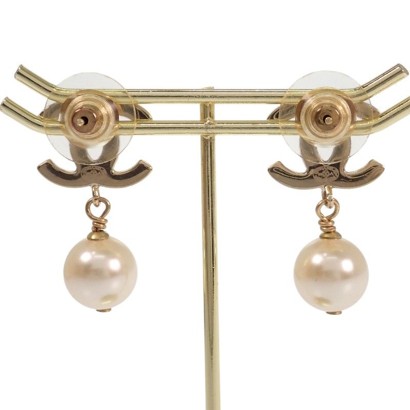 Chanel CC Logo Pearl Drop Earrings Metal Faux Black Gold — view 4