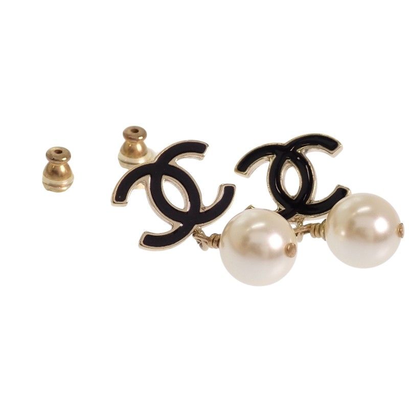 Chanel CC Logo Pearl Drop Earrings Metal Faux Black Gold — view 5