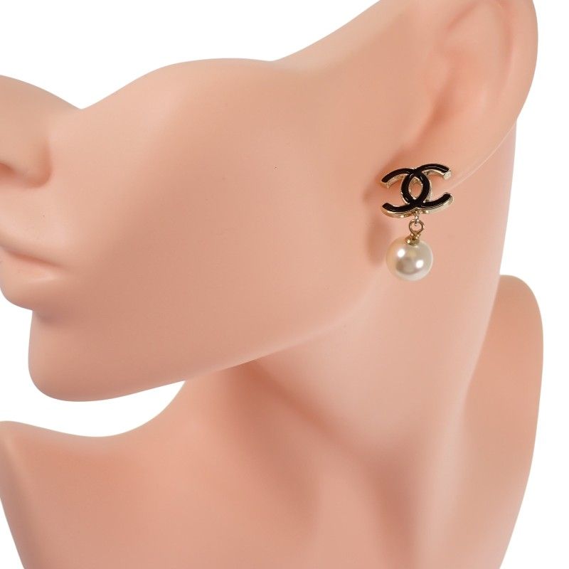Chanel CC Logo Pearl Drop Earrings Metal Faux Black Gold