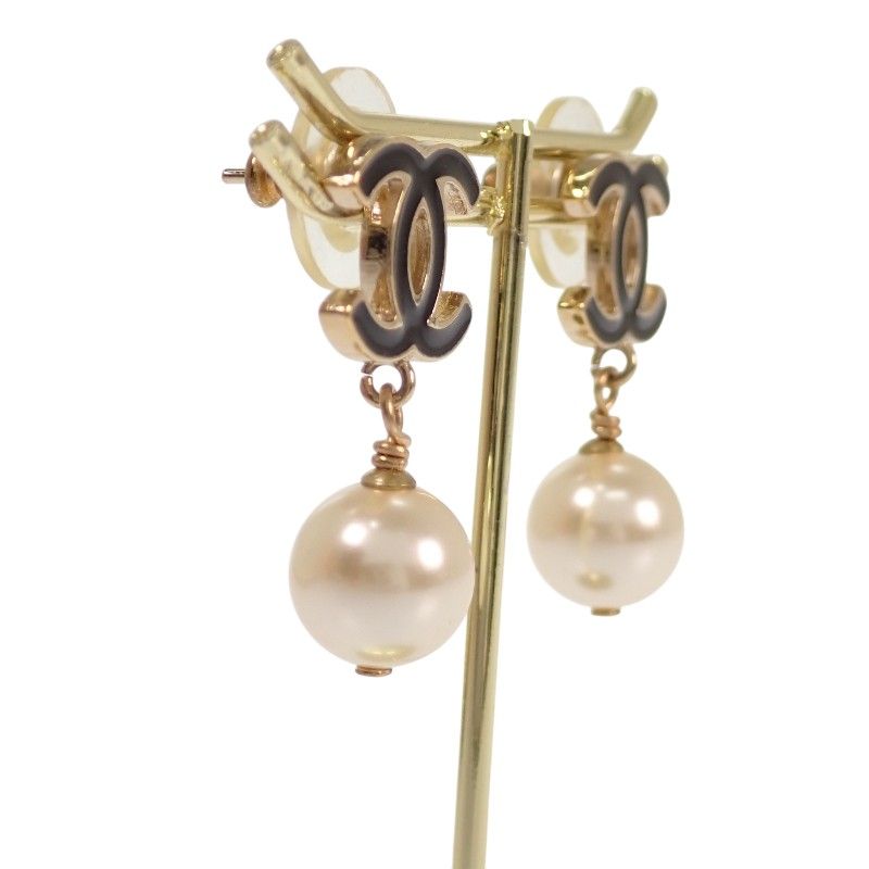 Chanel CC Logo Pearl Drop Earrings Metal Faux Black Gold — view 2