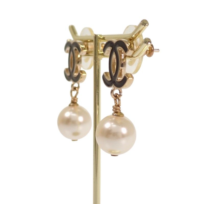 Chanel CC Logo Pearl Drop Earrings Metal Faux Black Gold — view 3