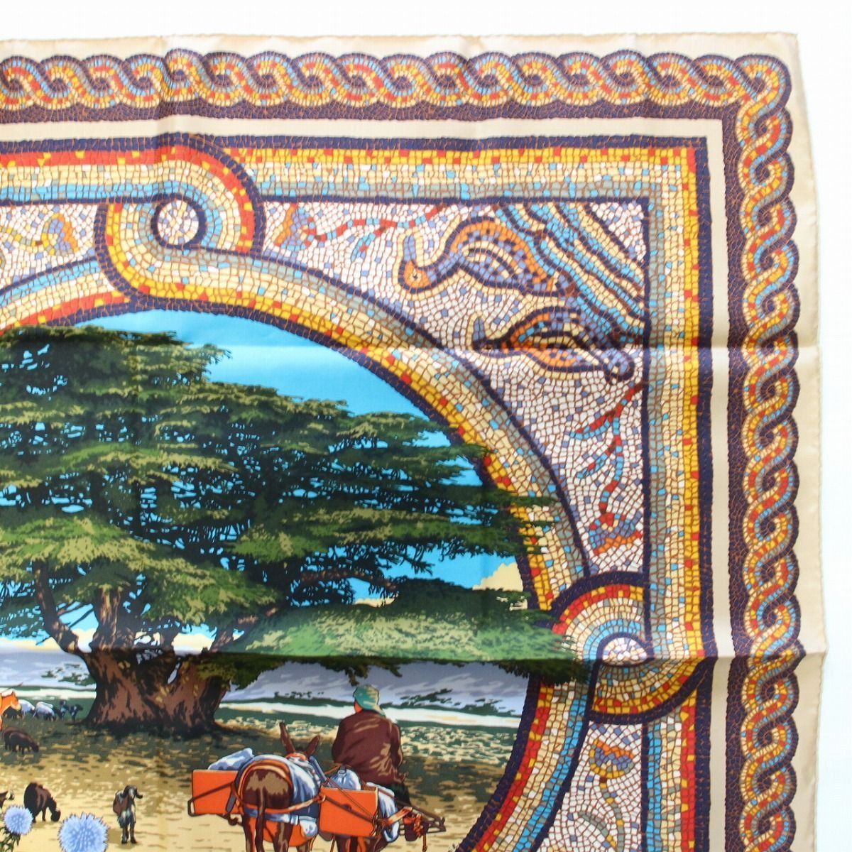 Hermes Carre 90 Scarf Under the Himalayan Cedar Silk 100% Beige Navy Pawn — view 3