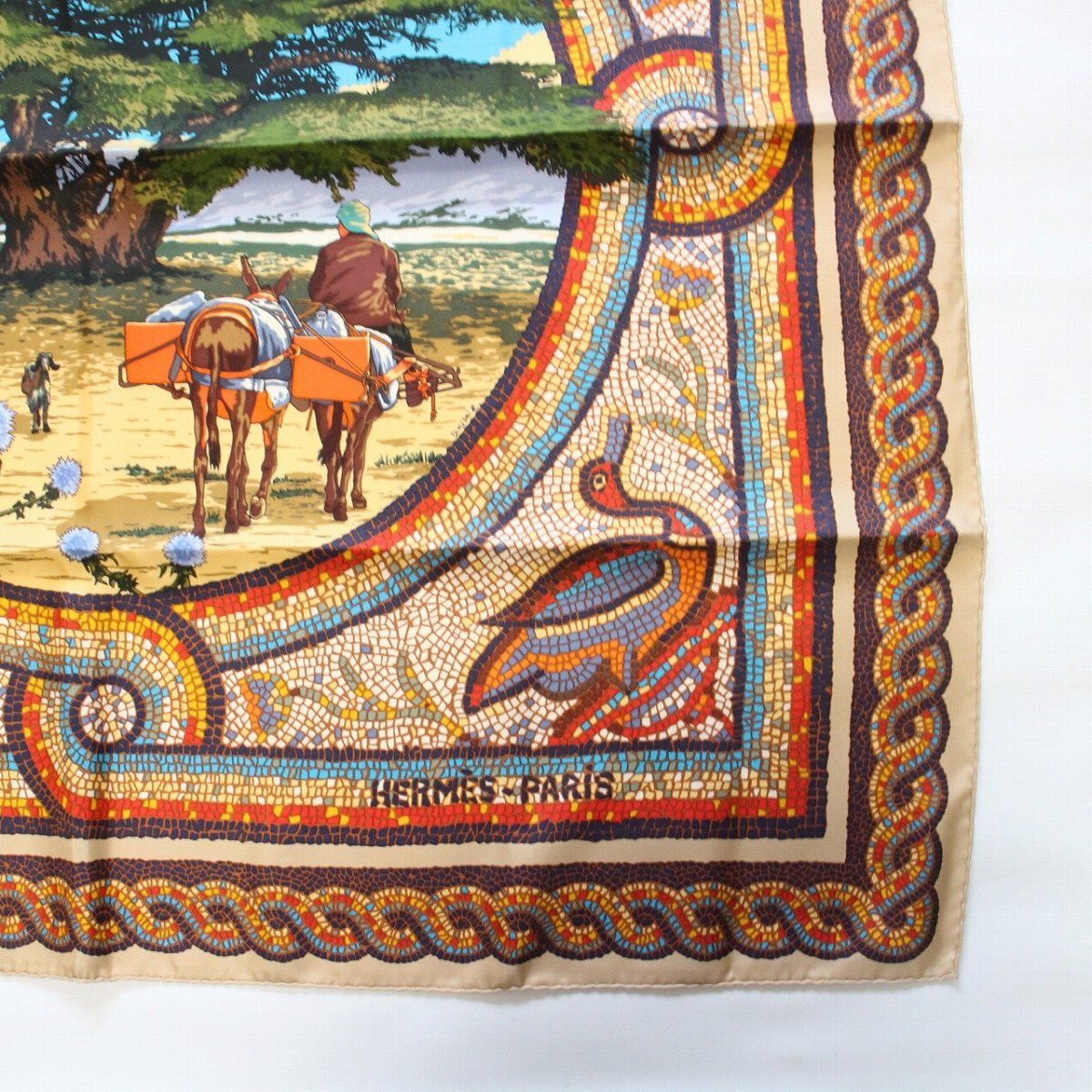 Hermes Carre 90 Scarf Under the Himalayan Cedar Silk 100% Beige Navy Pawn — view 5