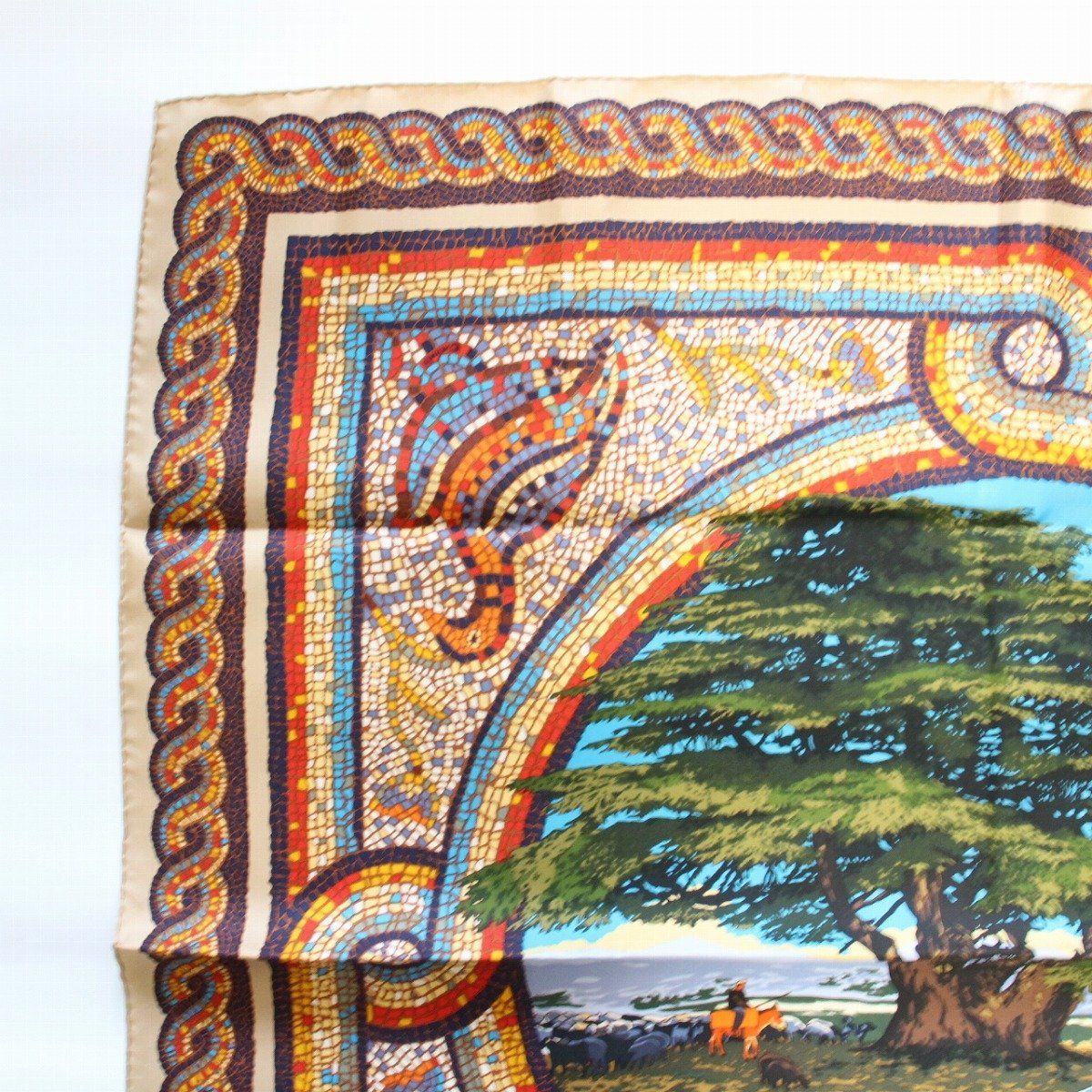 Hermes Carre 90 Scarf Under the Himalayan Cedar Silk 100% Beige Navy Pawn — view 2