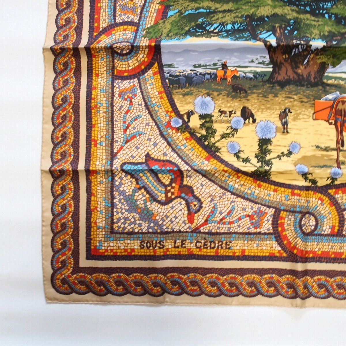 Hermes Carre 90 Scarf Under the Himalayan Cedar Silk 100% Beige Navy Pawn — view 4