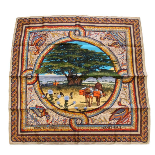 Hermes Carre 90 Scarf Under the Himalayan Cedar Silk 100% Beige Navy Pawn