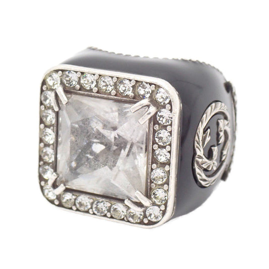 Gucci Signet Interlocking Ring 925 Sterling Silver Crystal Clear