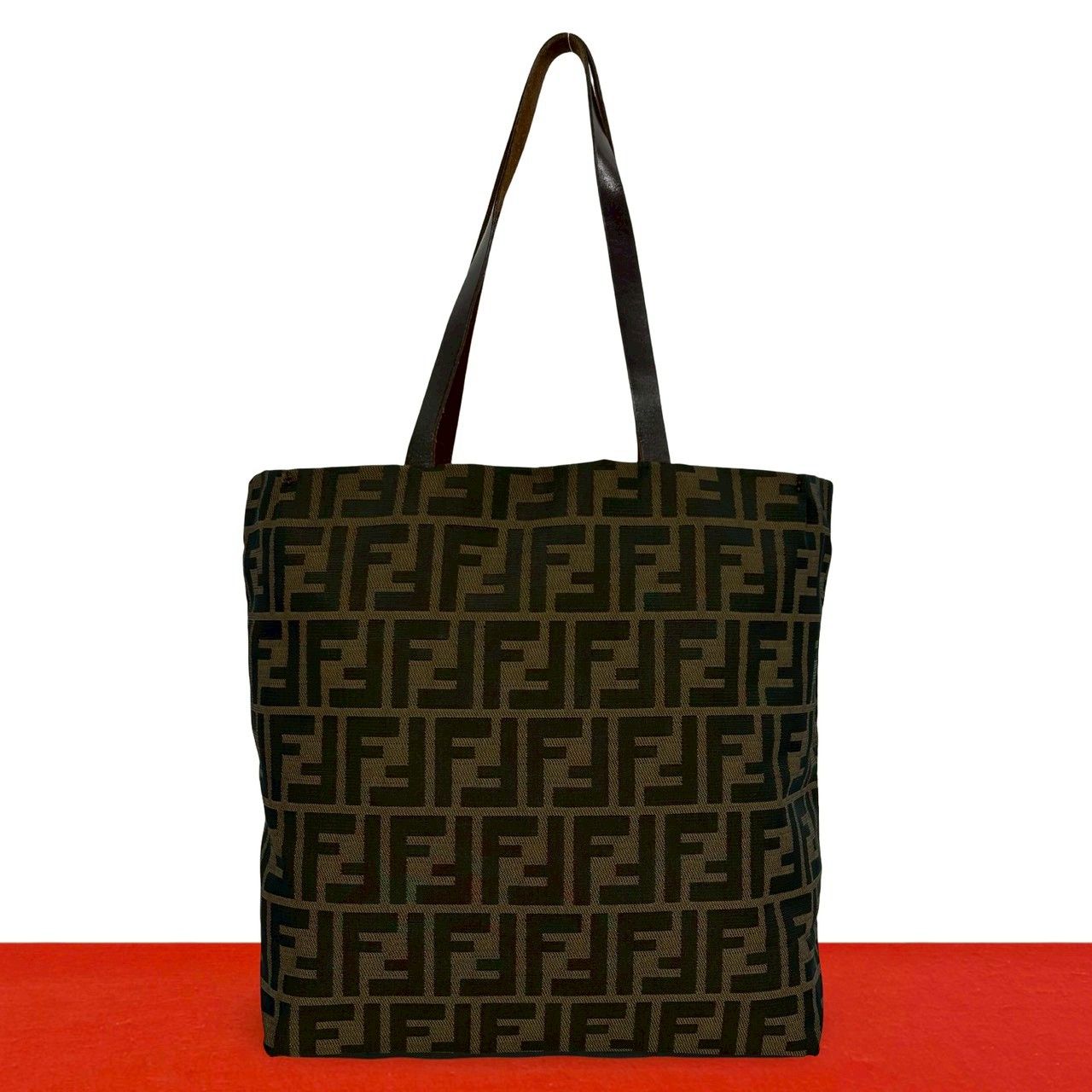 Fendi Zucca FF Pattern Canvas Leather Tote Shoulder Bag Brown
