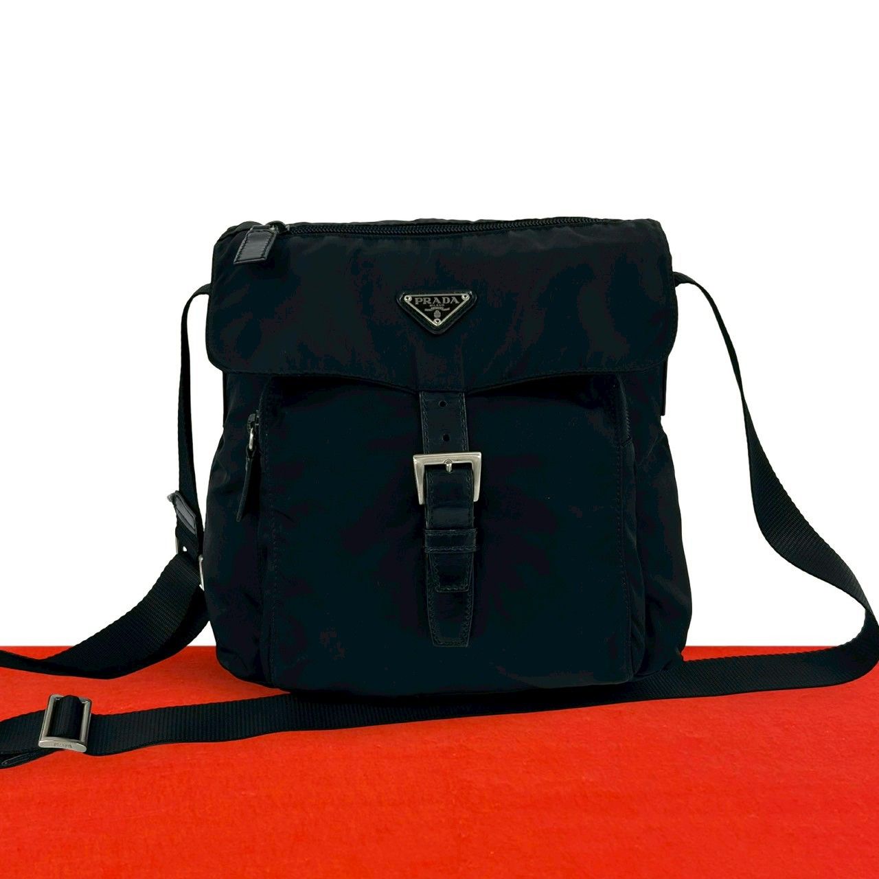 Prada Triangle Logo Nylon Leather Shoulder Bag Crossbody Pochette Black