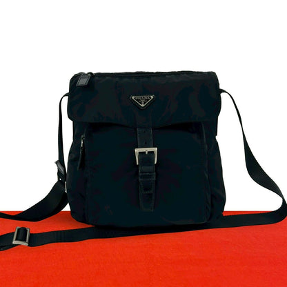 Prada Triangle Logo Nylon Leather Shoulder Bag Crossbody Pochette Black