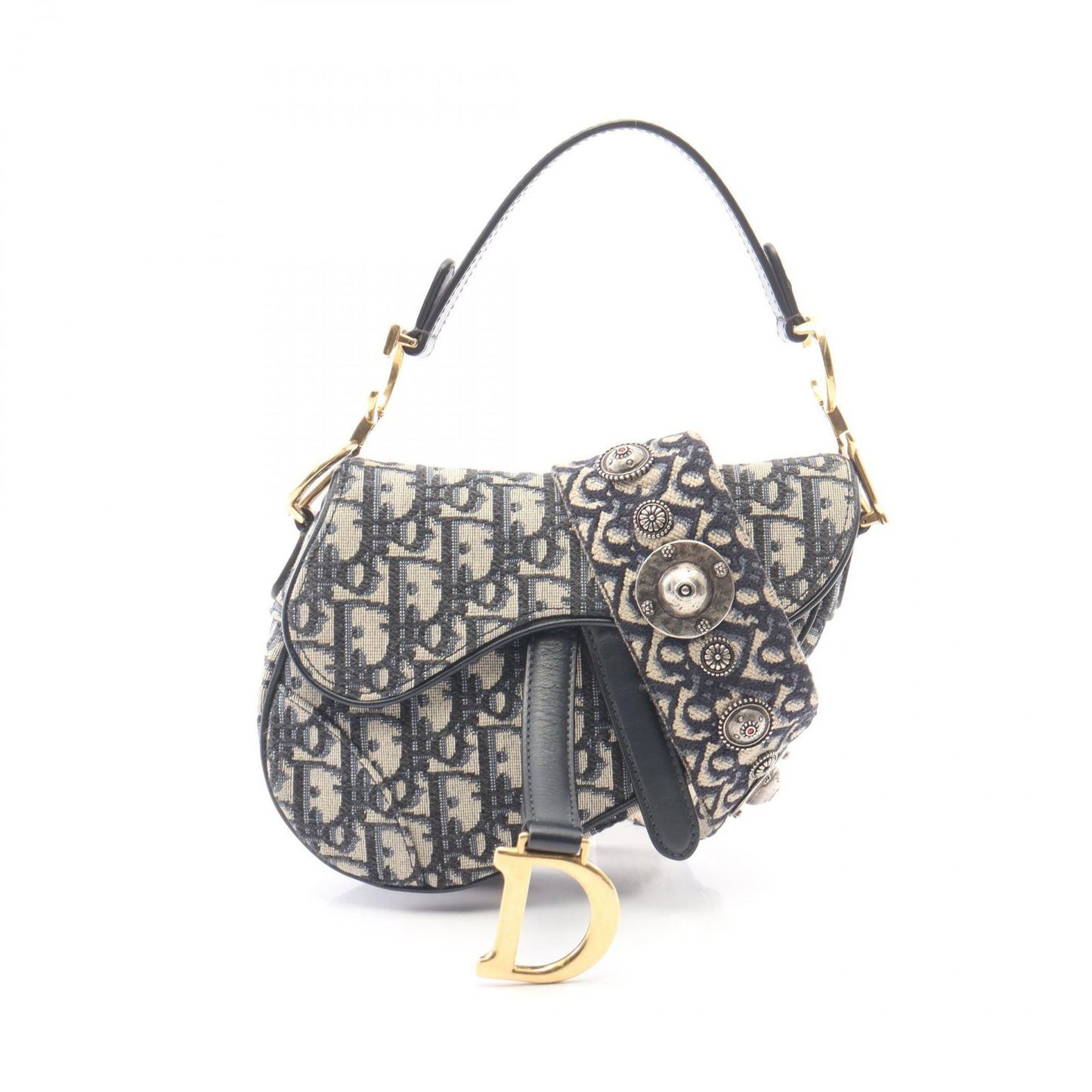 Dior Saddle Bag Mini Oblique Peacock 2-Way Navy Canvas Leather