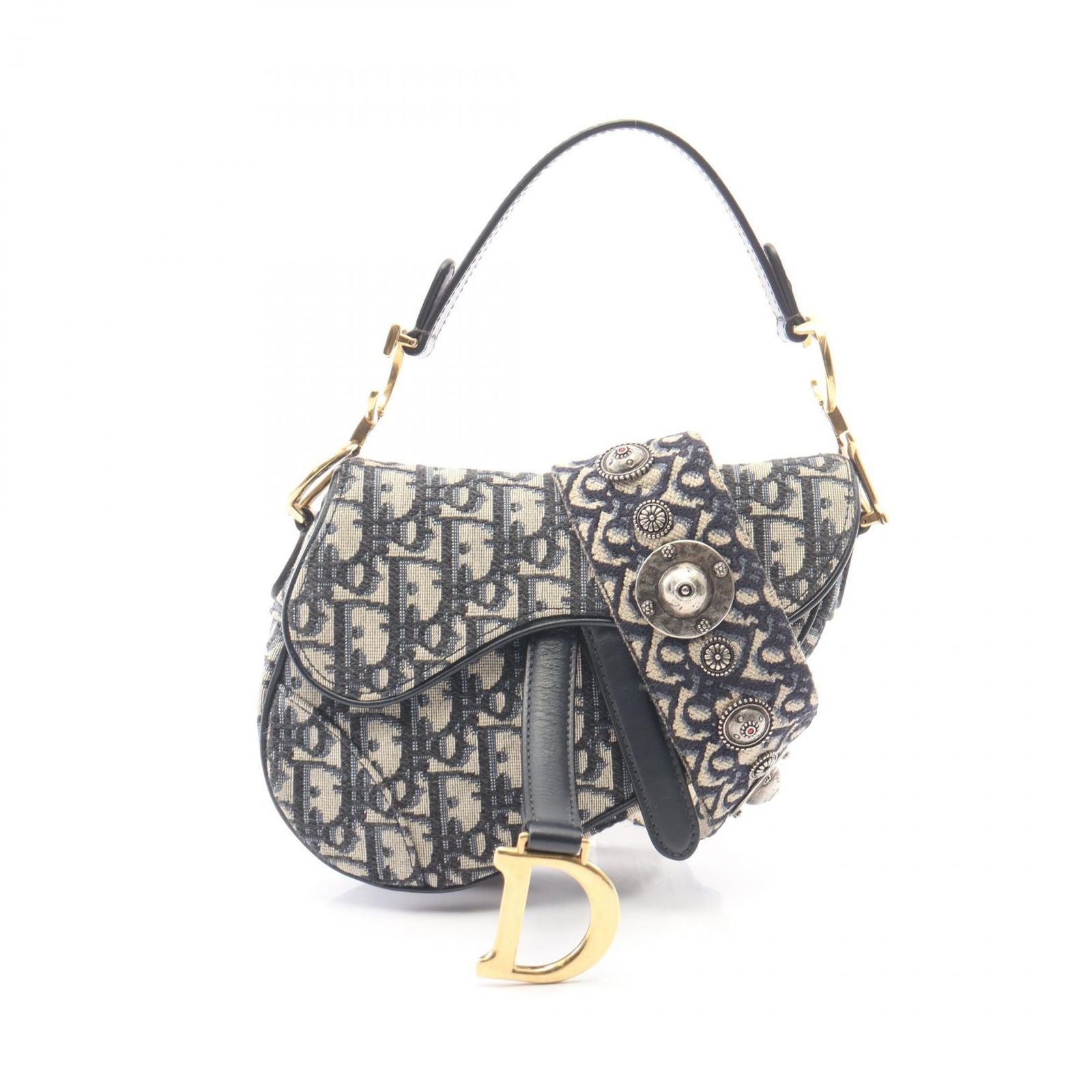 Dior Saddle Bag Mini Oblique Peacock 2-Way Navy Canvas Leather