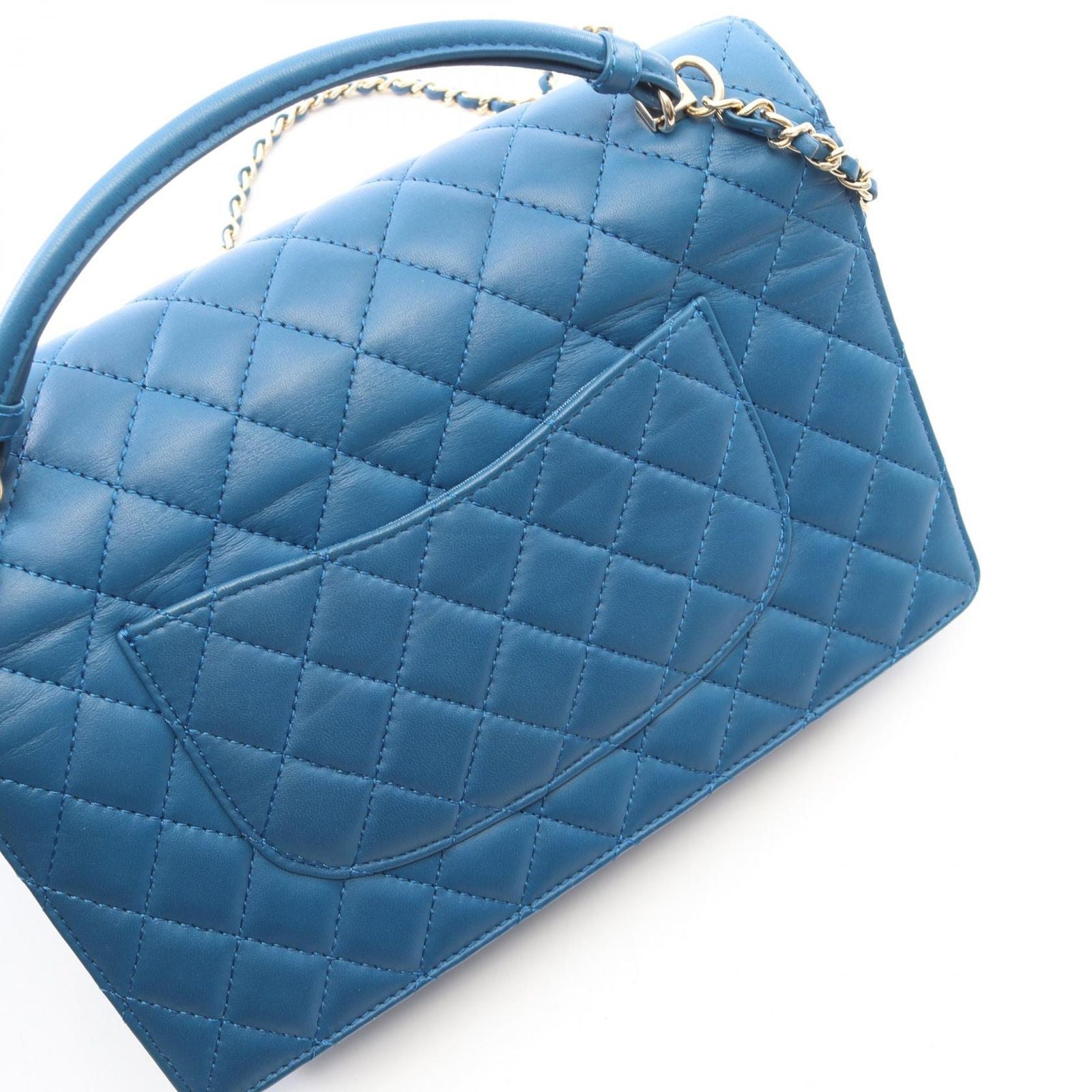 Chanel Shoulder Bag Quilted Top Handle 2-Way Blue Lambskin Chain — view 7