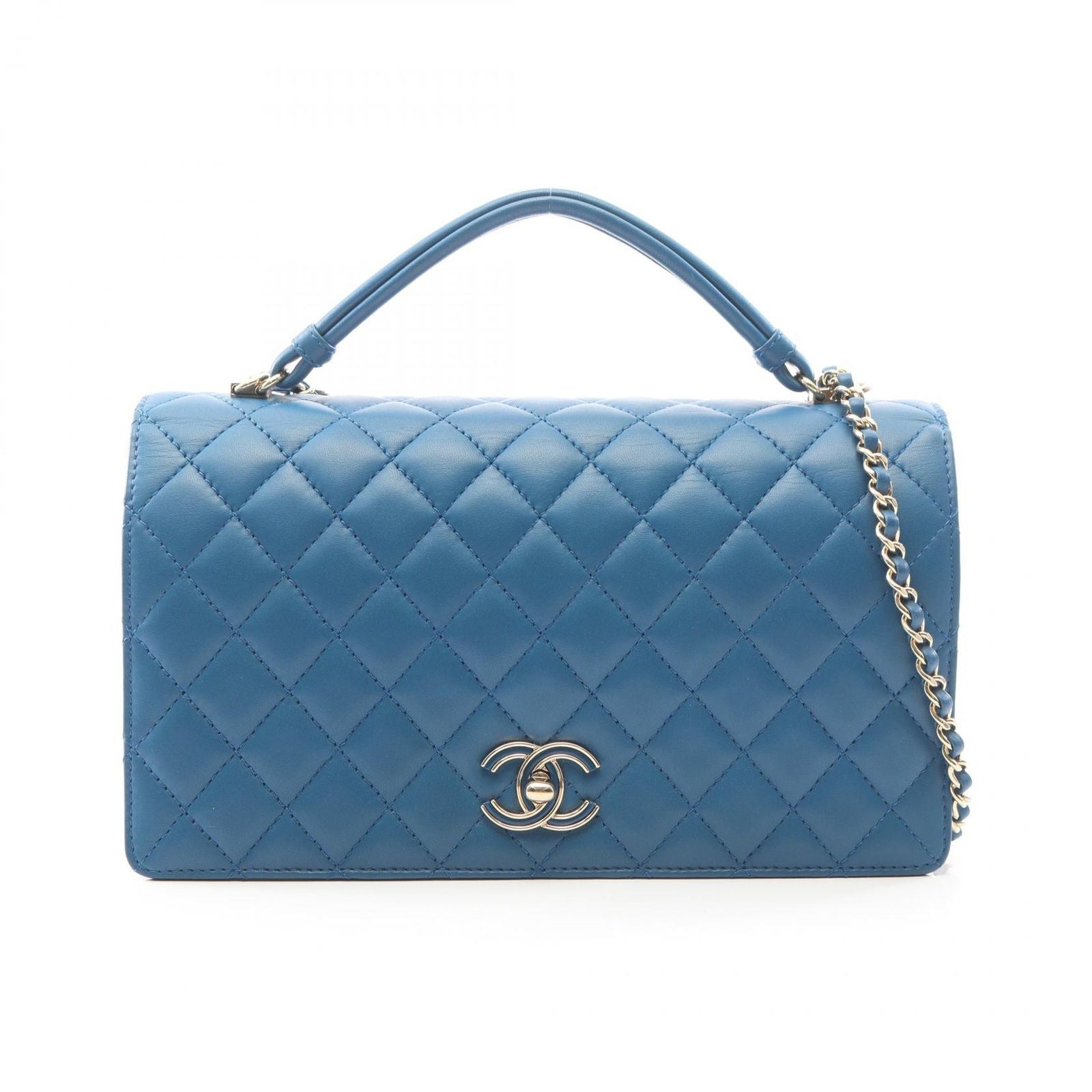 Chanel Shoulder Bag Quilted Top Handle 2-Way Blue Lambskin Chain