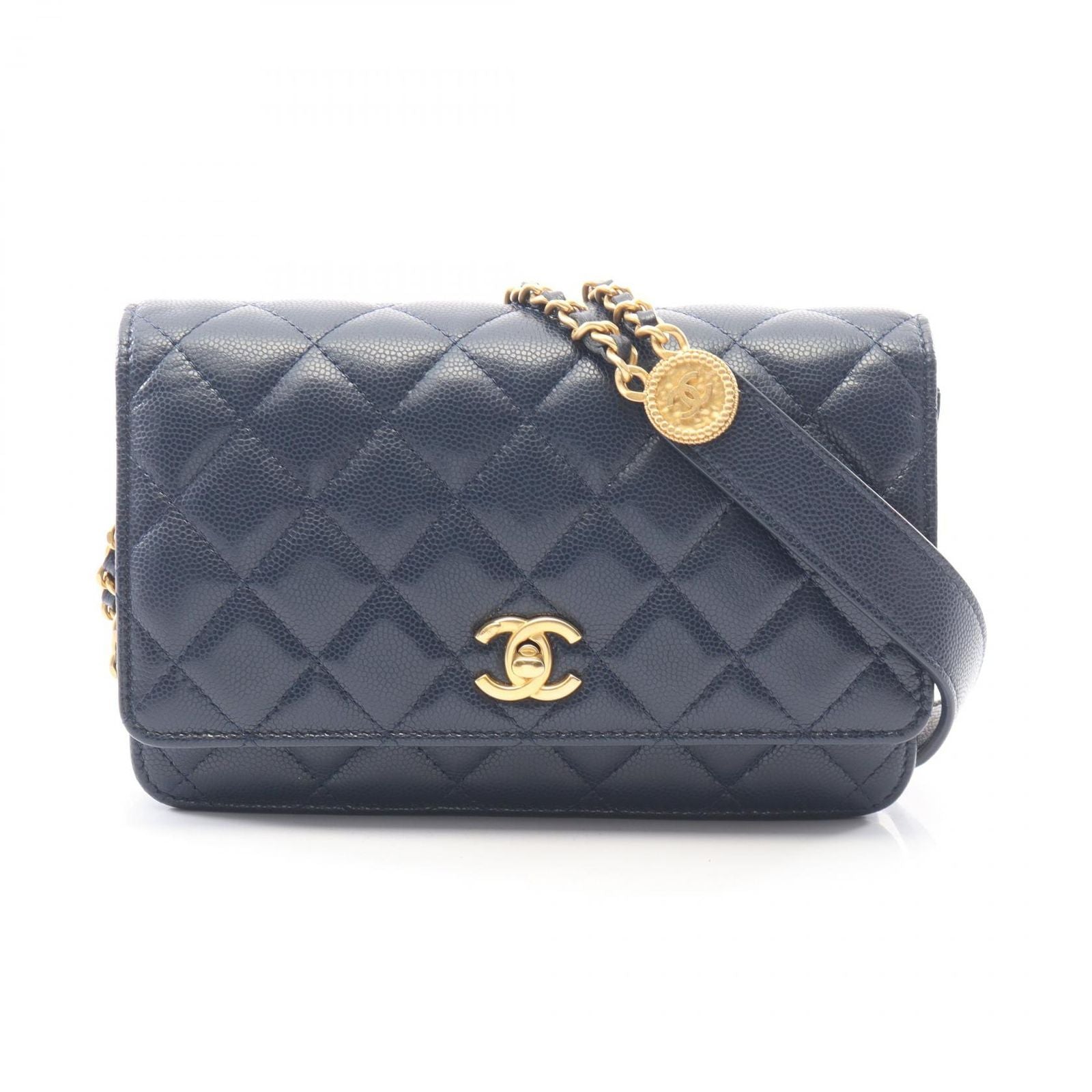 Chanel Shoulder Bag Quilted Navy Caviar Leather Chain Wallet
