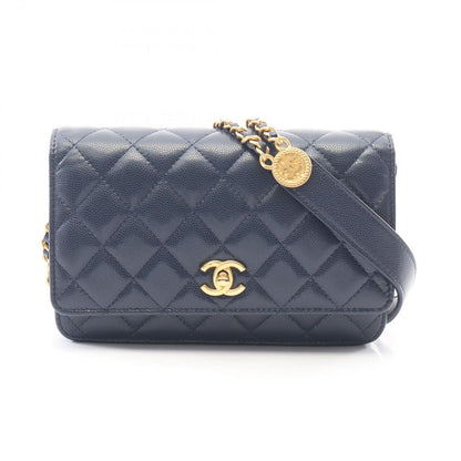 Chanel Shoulder Bag Quilted Navy Caviar Leather Chain Wallet