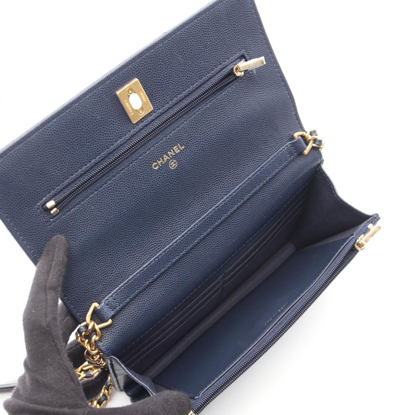 Chanel Shoulder Bag Quilted Navy Caviar Leather Chain Wallet — view 3